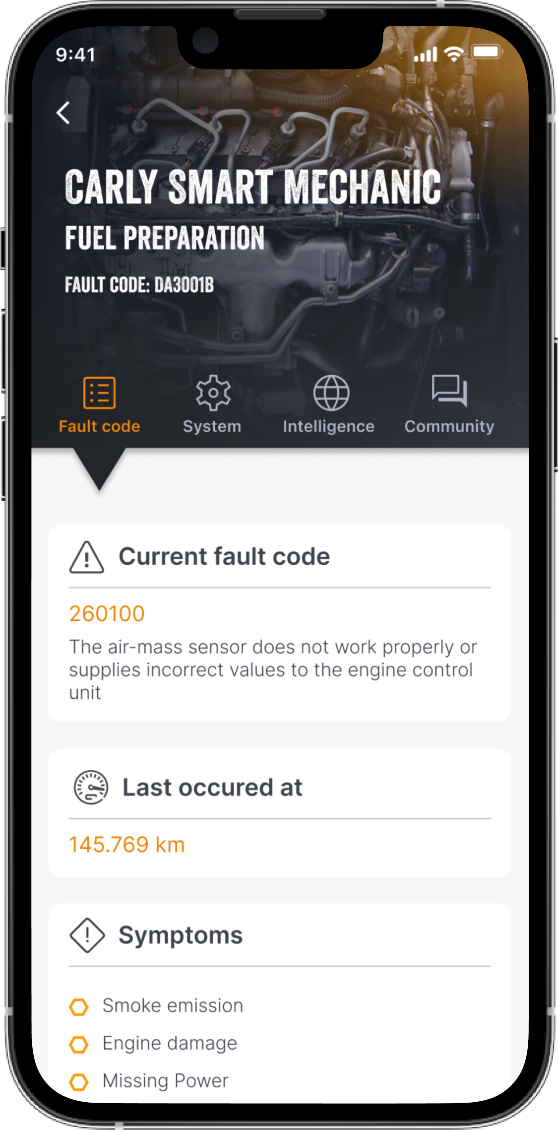 Supplied Carly Smart Mechanic fault-information screen example
