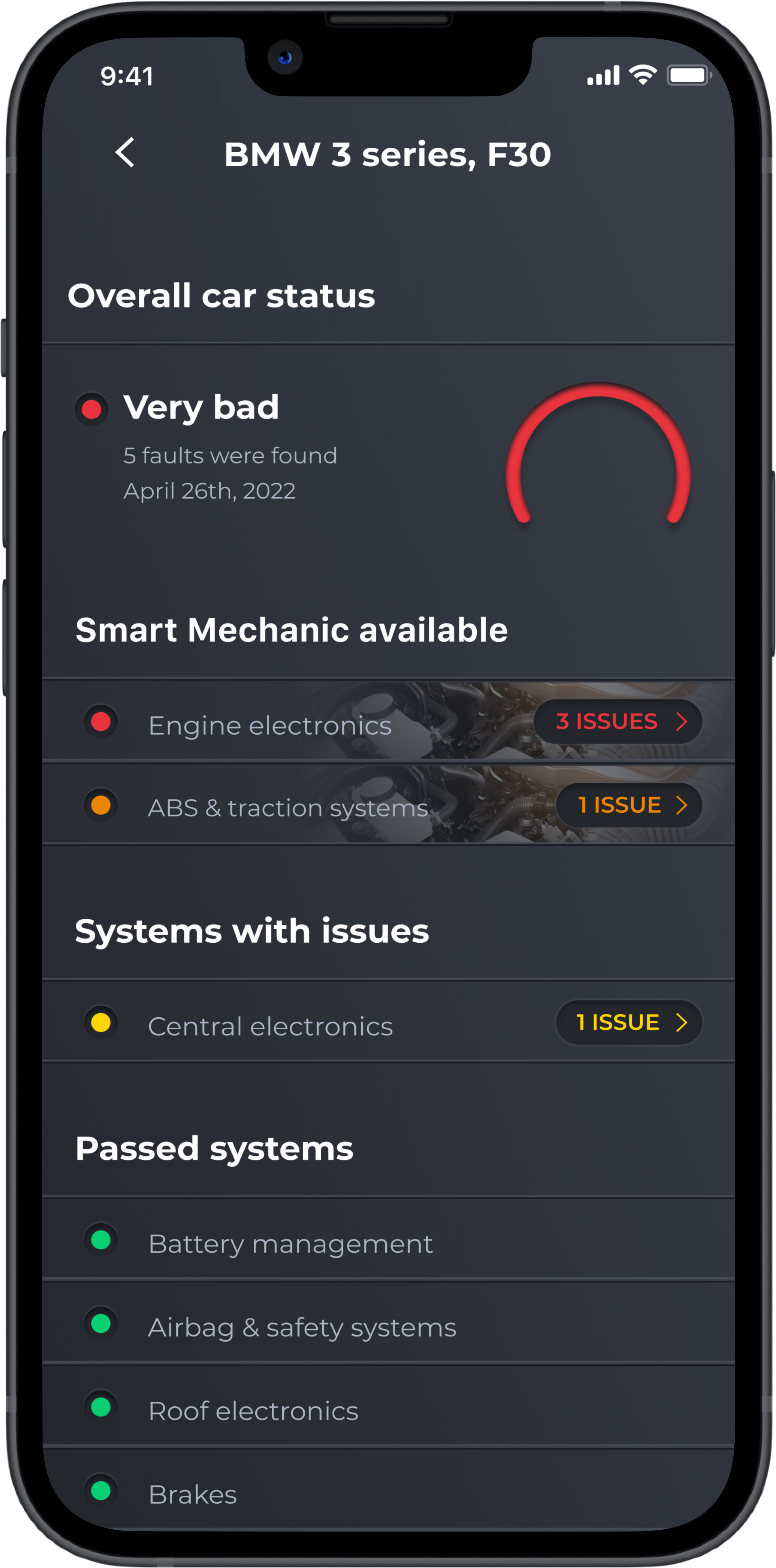 Supplied Carly vehicle-system status screen example