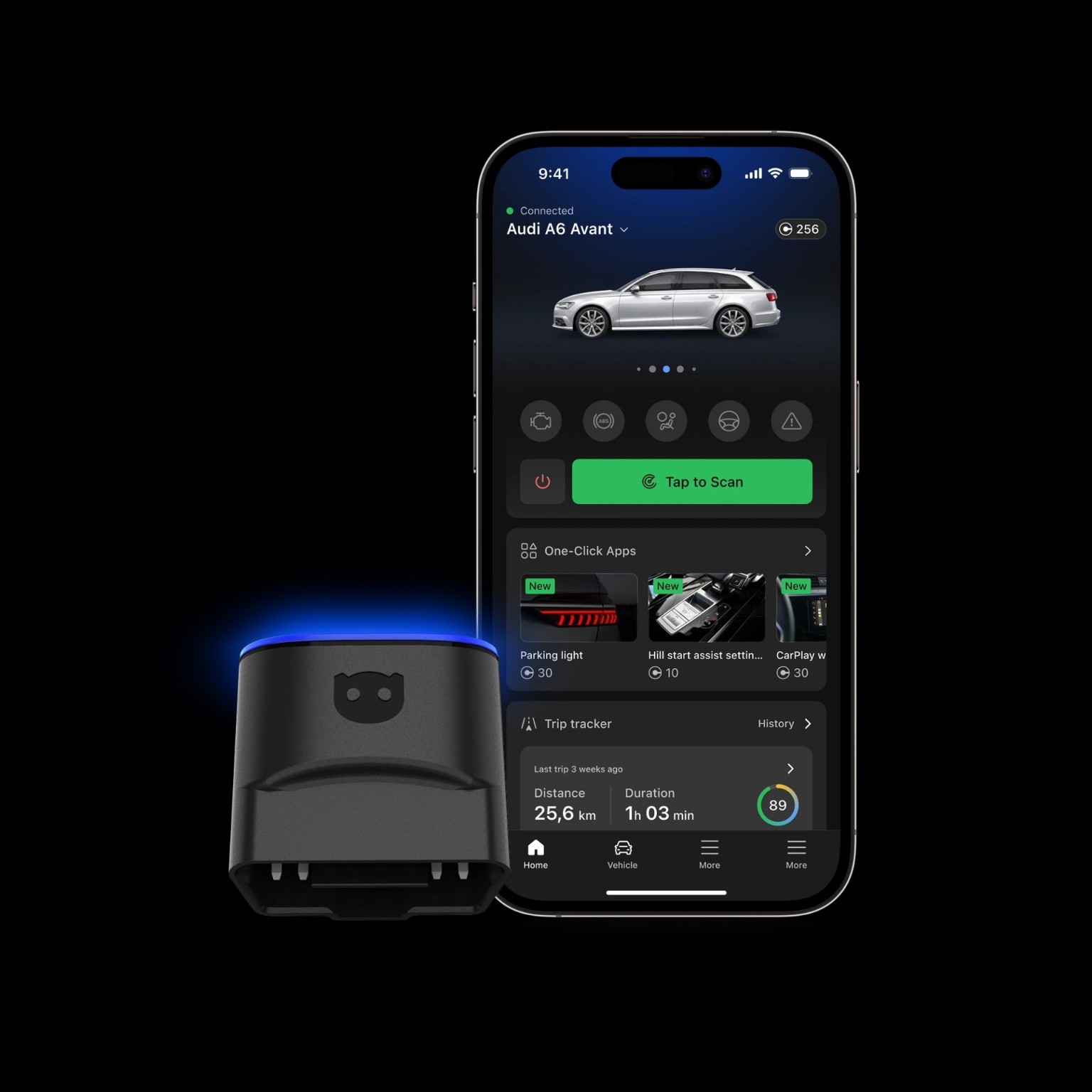Supplied OBDeleven device and app dashboard example