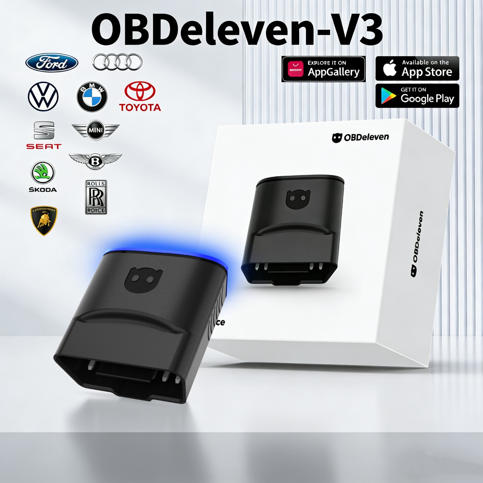 Supplied OBDeleven V3 promotional artwork with device packaging and vehicle-brand logos